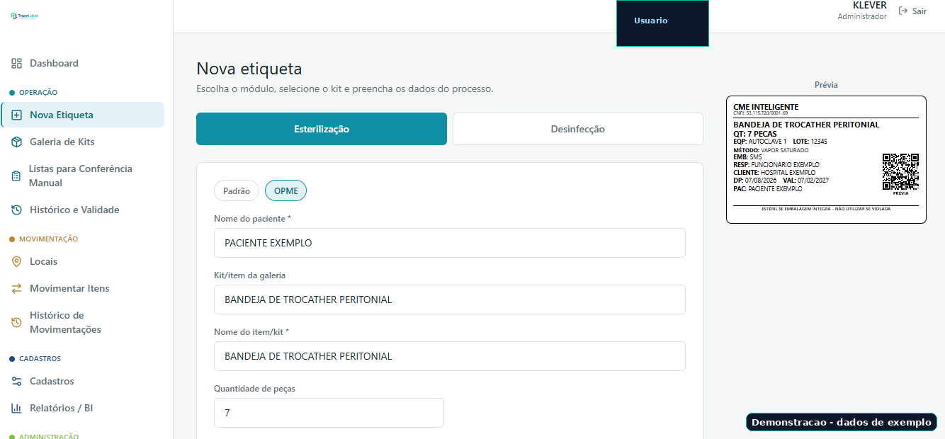 Etiqueta gerada pelo TraceLabel com QR Code e código único de rastreabilidade